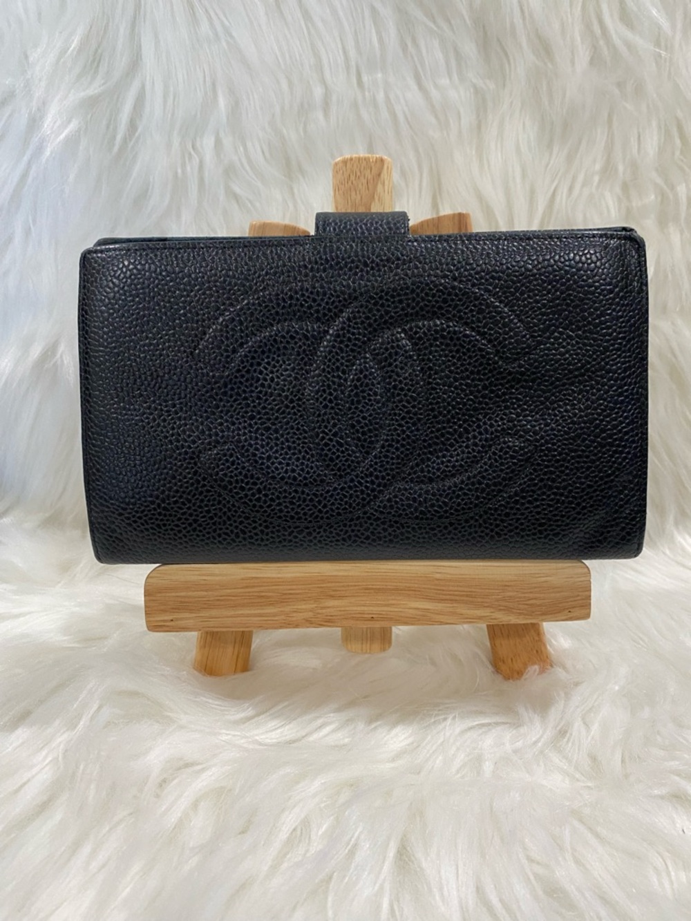 CHANEL Black Quilted Caviar Leather Wallet with Embossed CC